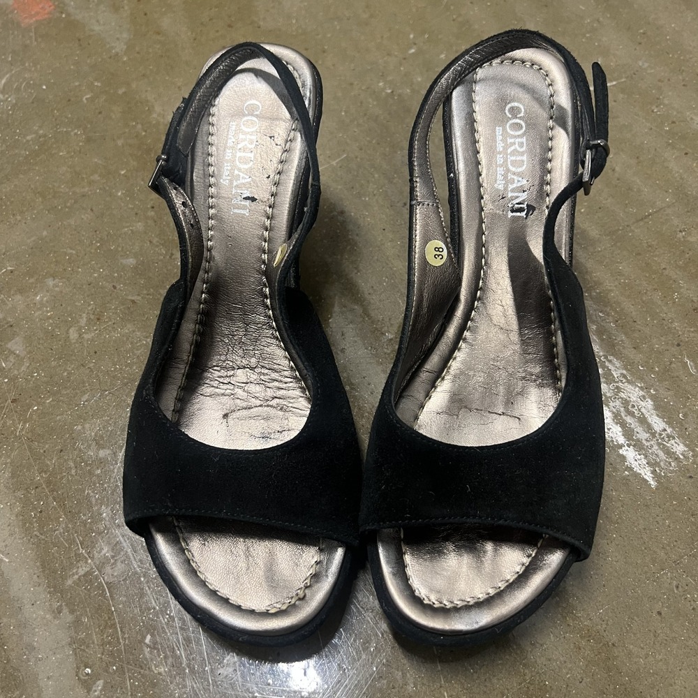 Cordani Size 38 Womens Black Suede Studded Wedge Sandals Slingback Made in Italy
